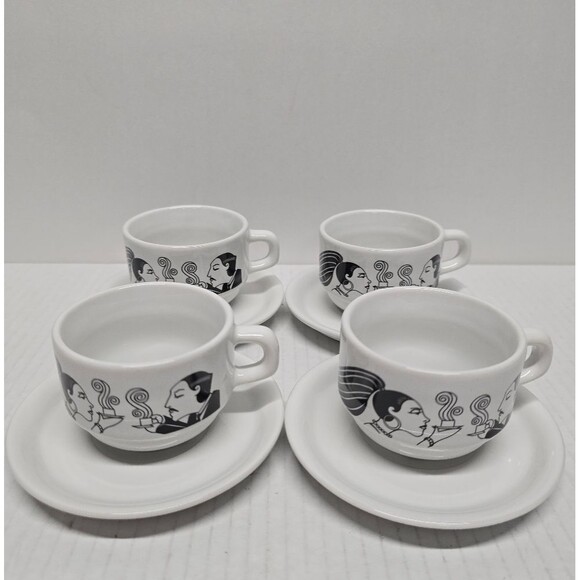 Set of Four Art Deco Flapper and Mustached Man Demitasse Cups and Saucers BRAZIL - Picture 2 of 9